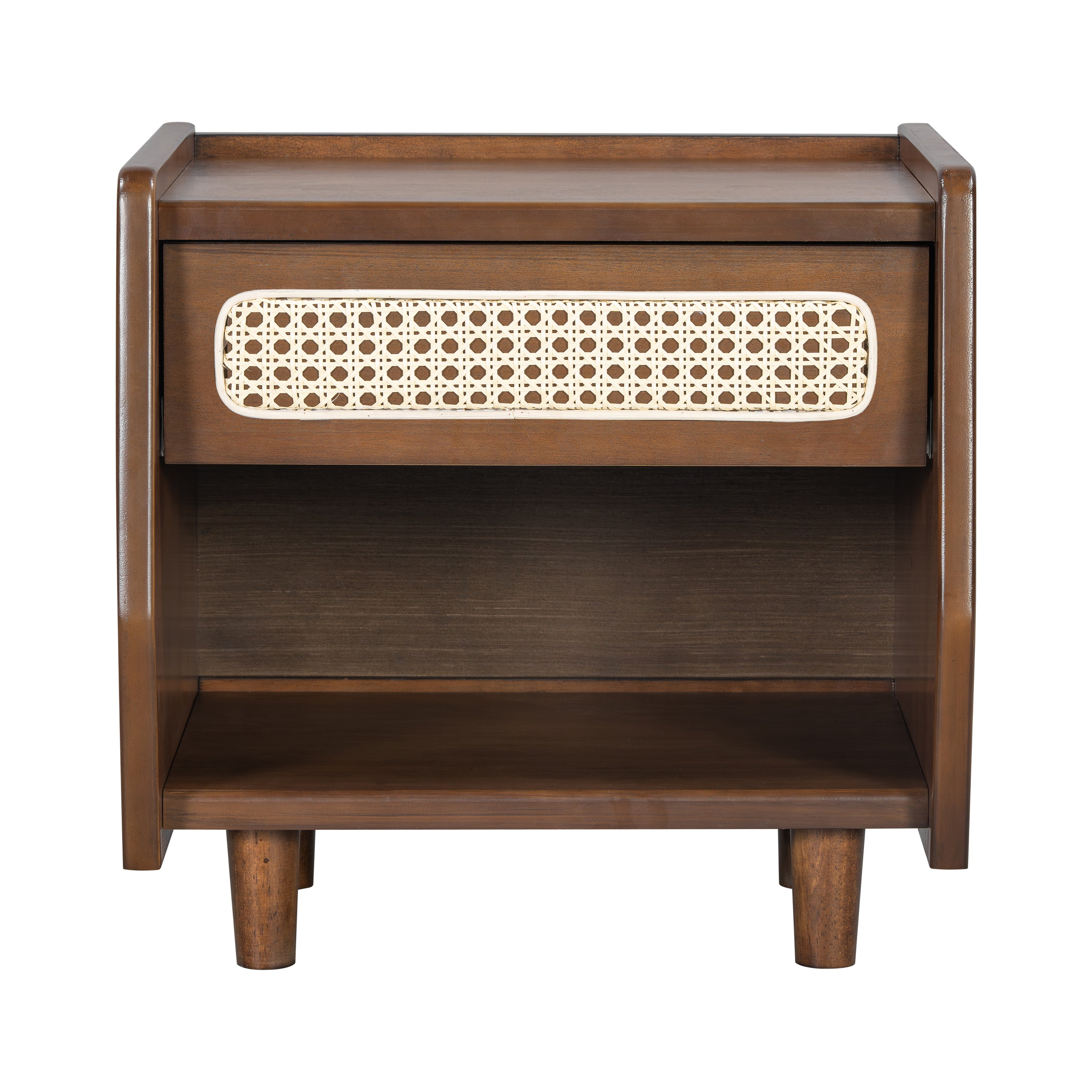 Walnut Nightstand with Rattan Detail