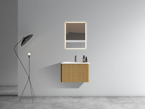 Etna 24-Inch Floating Bathroom Vanity, Oak Striped with White Ceramic Sink