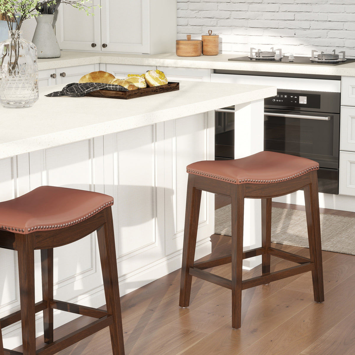 Barlow 24.5" Top Grain Leather Backless Saddle Counter Stool, Brown