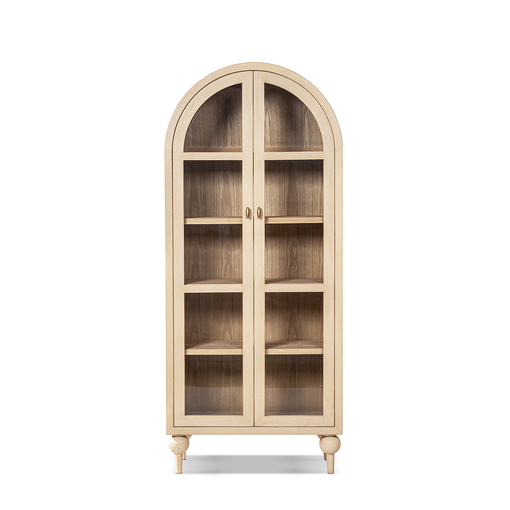 Odette 83-Inch Arched Glass Door Display Cabinet, Brushed White