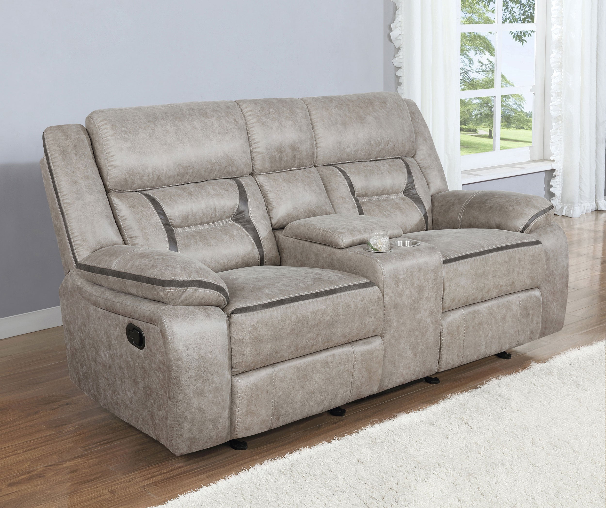 Greer Upholstered Motion Reclining Loveseat Taupe-CoasterEveryday
