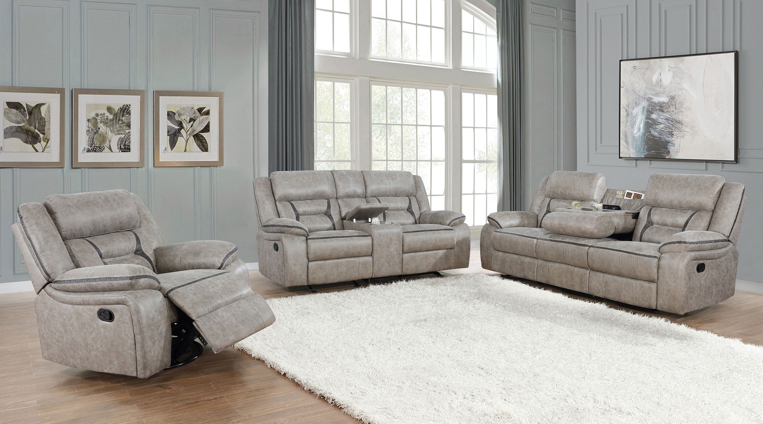 Greer Upholstered Motion Reclining Loveseat Taupe-CoasterEveryday