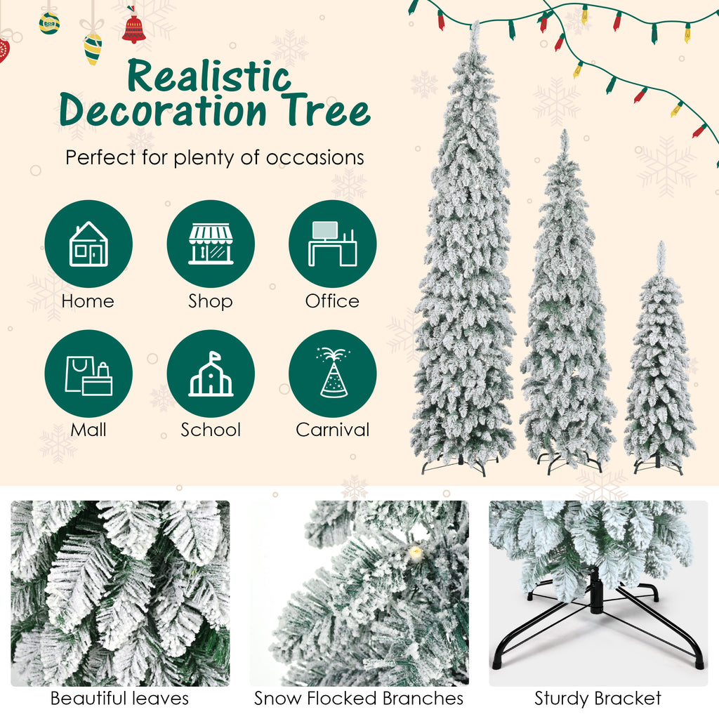Pre-Lit Pencil Christmas Tree 3-Set, 4FT 6FT 8FT, Snow-Flocked, 290 LED Lights, 11 Modes