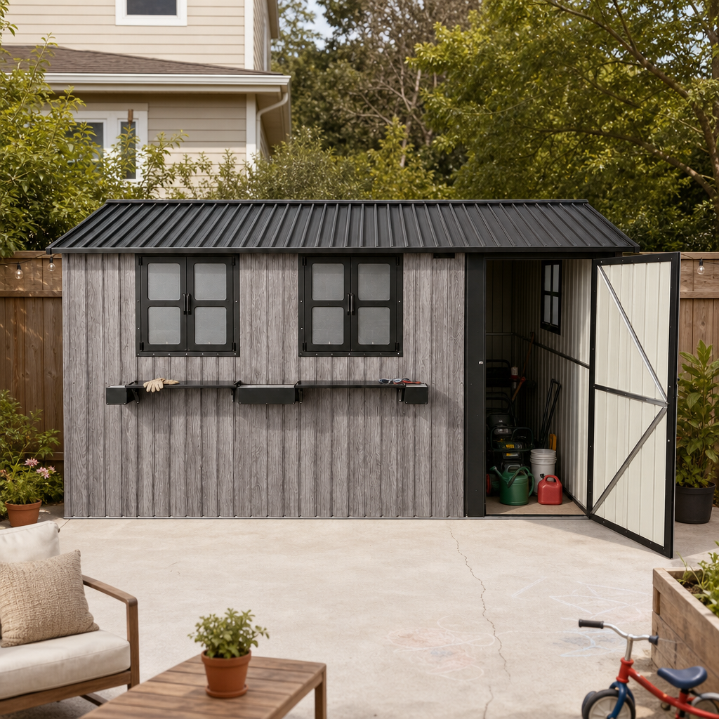 12x10 FT Outdoor Metal Storage Shed, Grey and Black, with 3 Windows and Flower Rack