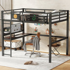 Full Size Loft Bed Frame with Desk and Storage Basket