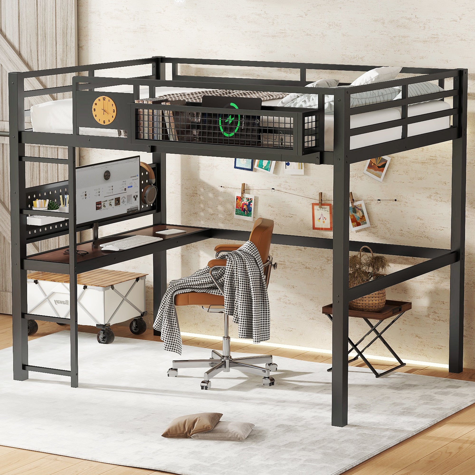 Full Size Loft Bed Frame with Desk and Storage Basket
