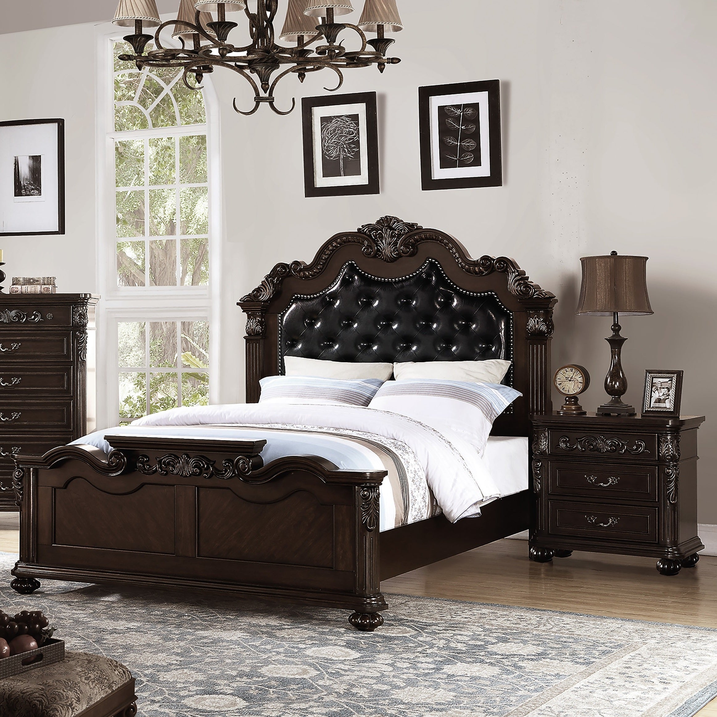 Gorgeous Traditional Antique Cherry Queen Size Bed Tufted Faux Leather HB 3pc Bedroom Set