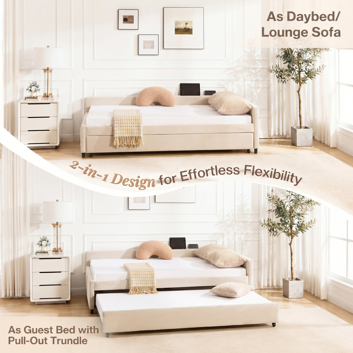 Upholstered Daybed with Trundle, Full and Twin, Beige Velvet