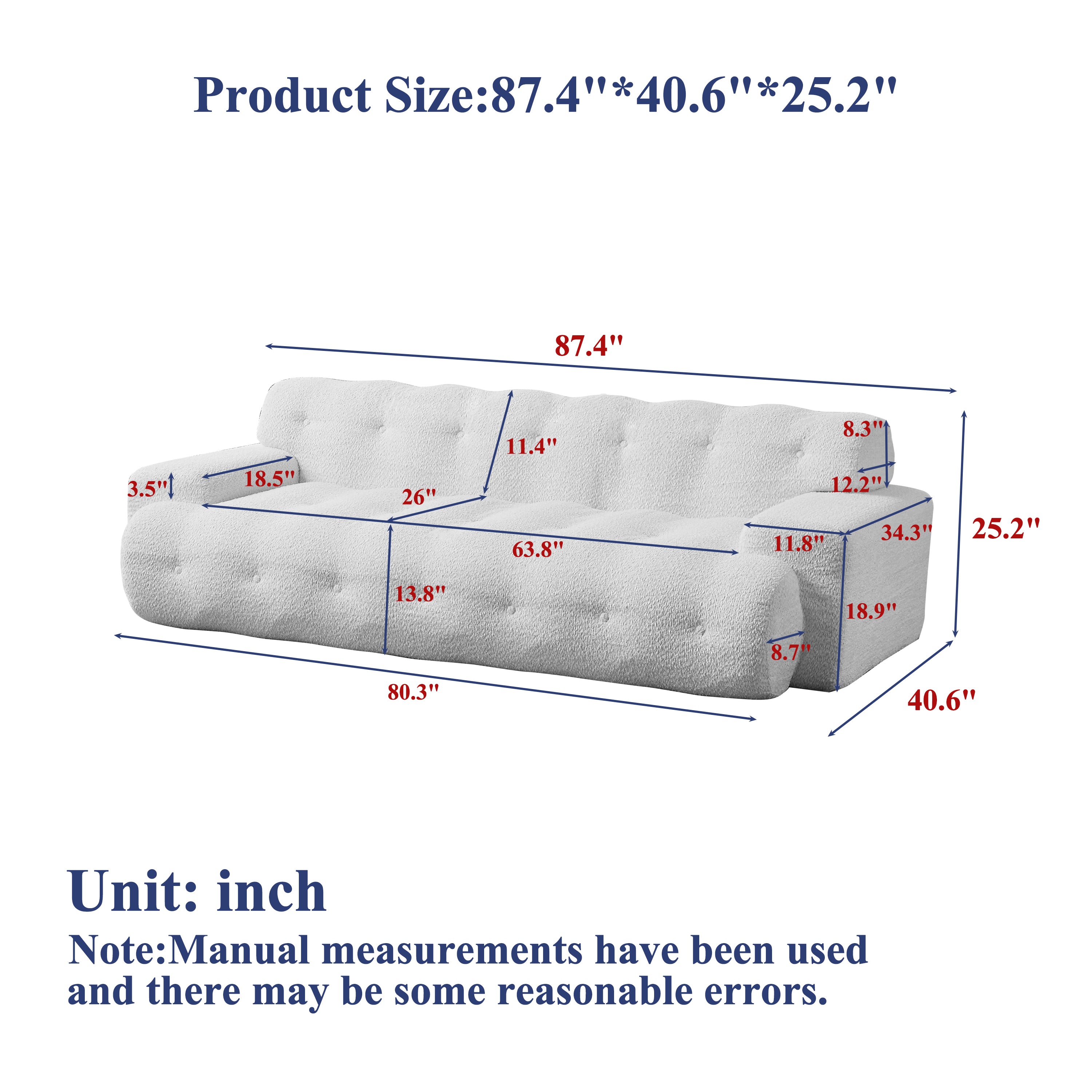 87.4-Inch Cloud Series Minimalist Button-Tufted Three-Seater Sofa