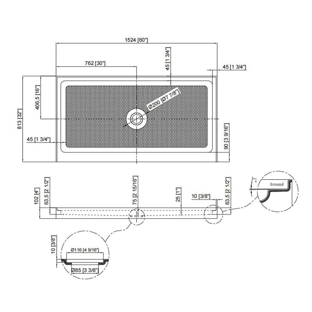 60" x 32" Shower Base with Central Drain