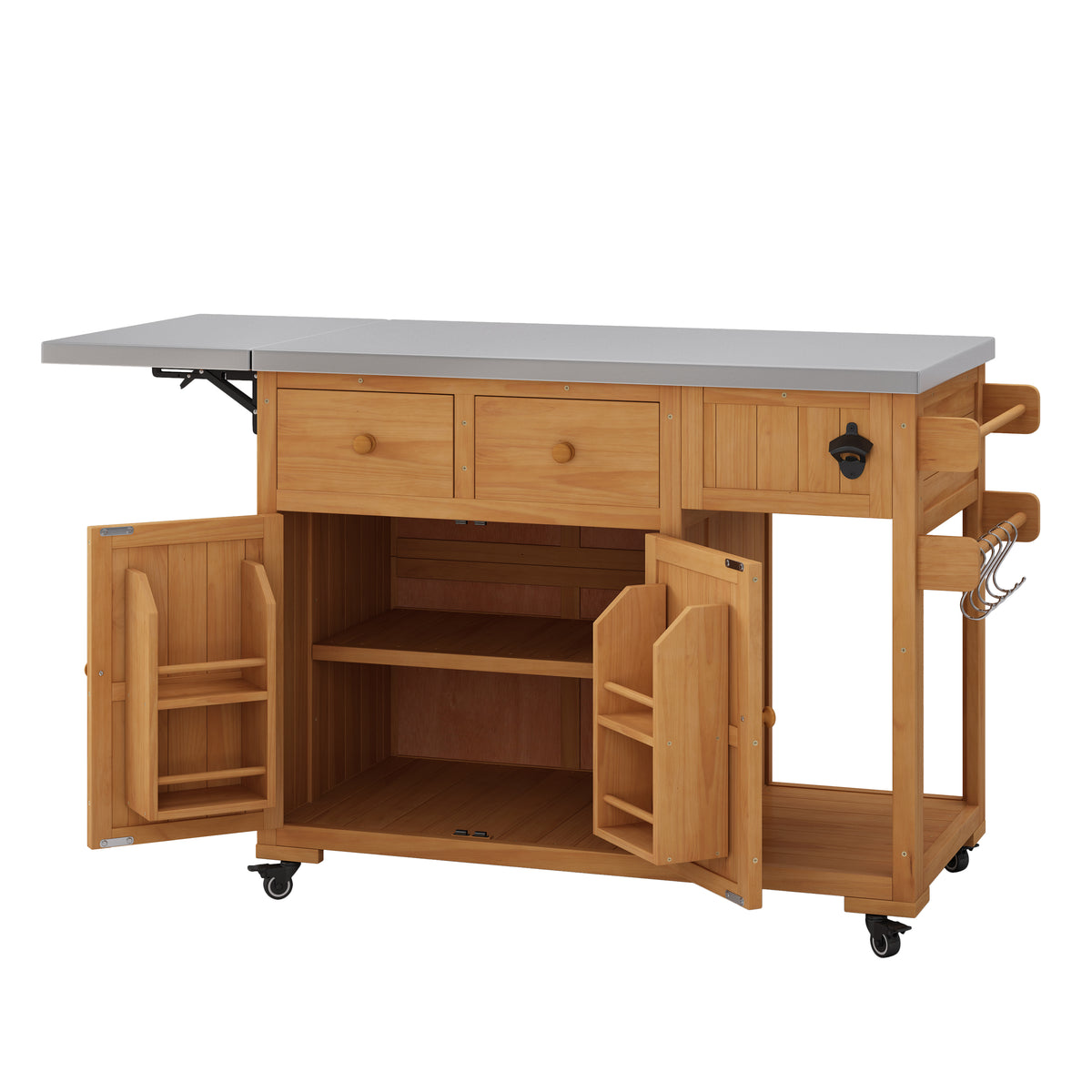 TOPMAX 59.9-Inch Outdoor Kitchen Cart, Solid Fir Wood with Extendable Stainless Steel Top, Natural