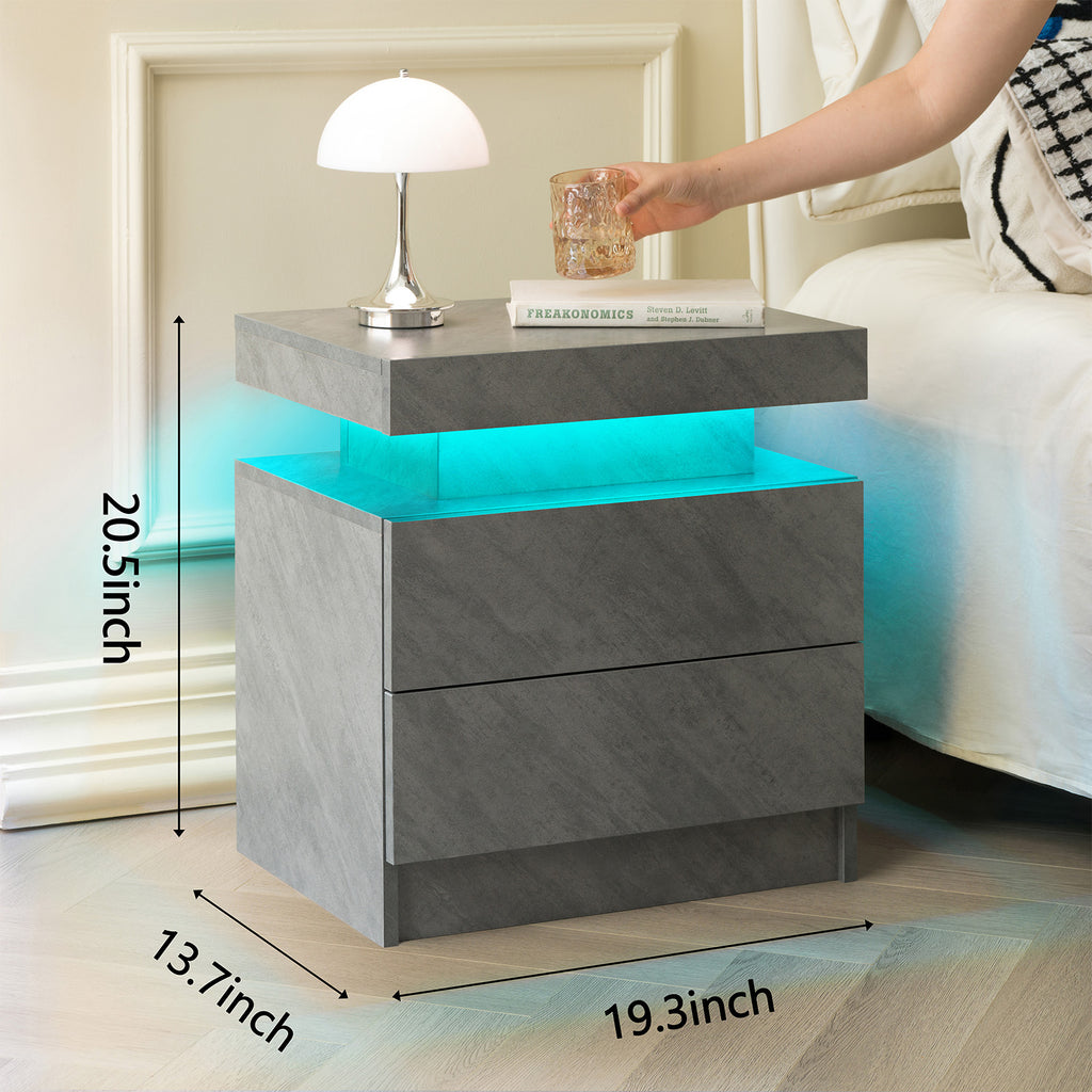 Modern LED Nightstand with 2 Drawers - Deep Gray