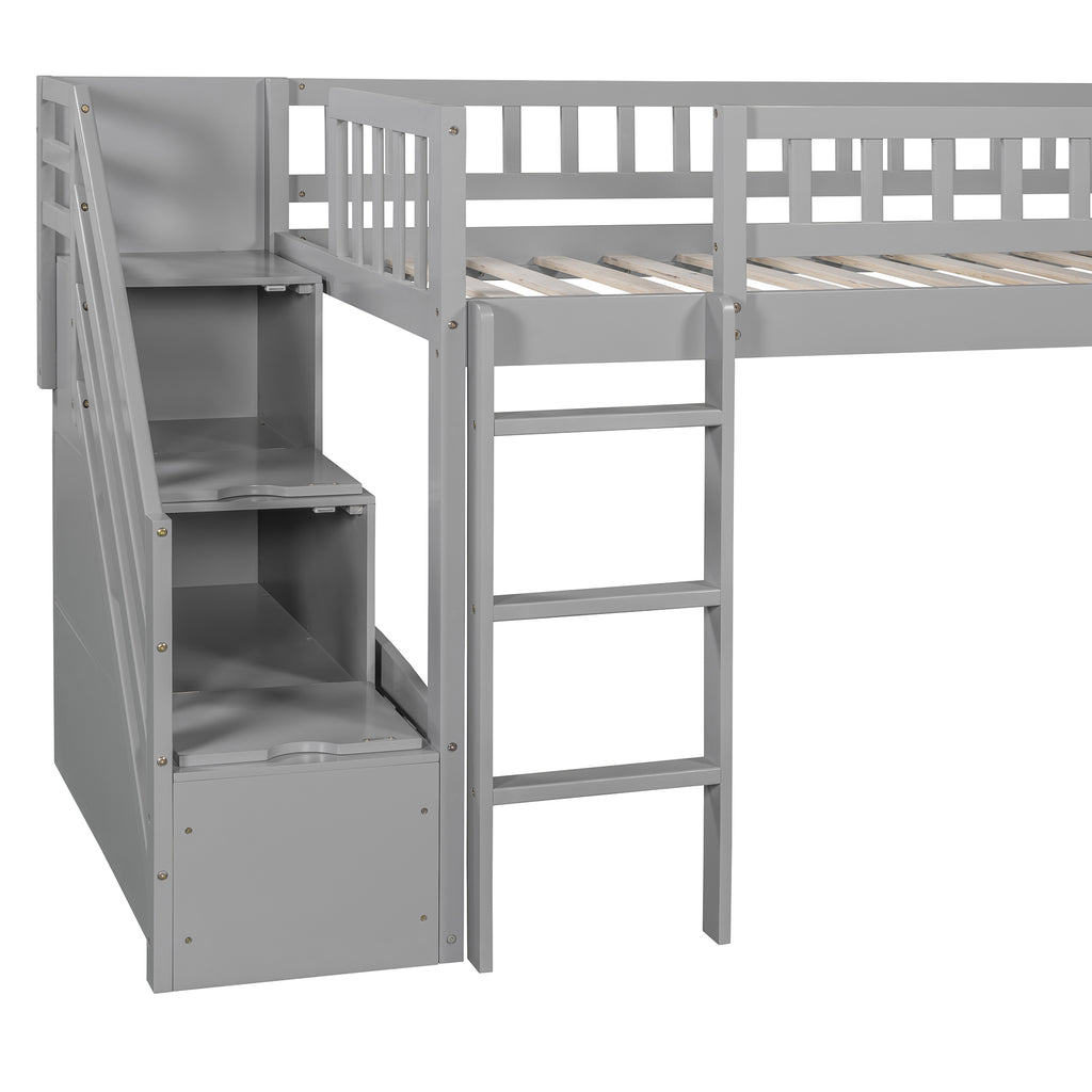 Stairway Twin Size Loft Bed with Two Drawers and Slide, Gray