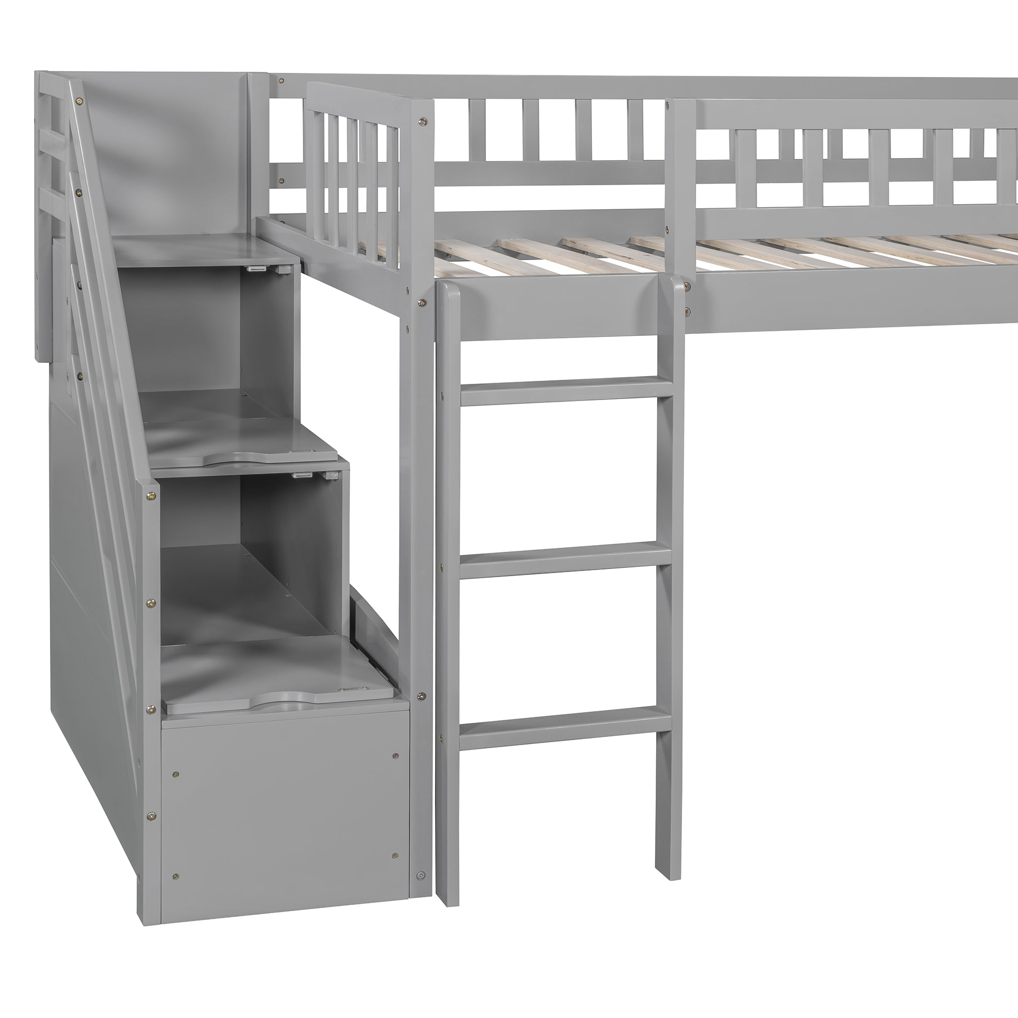 Stairway Twin Size Loft Bed with Two Drawers and Slide, Gray