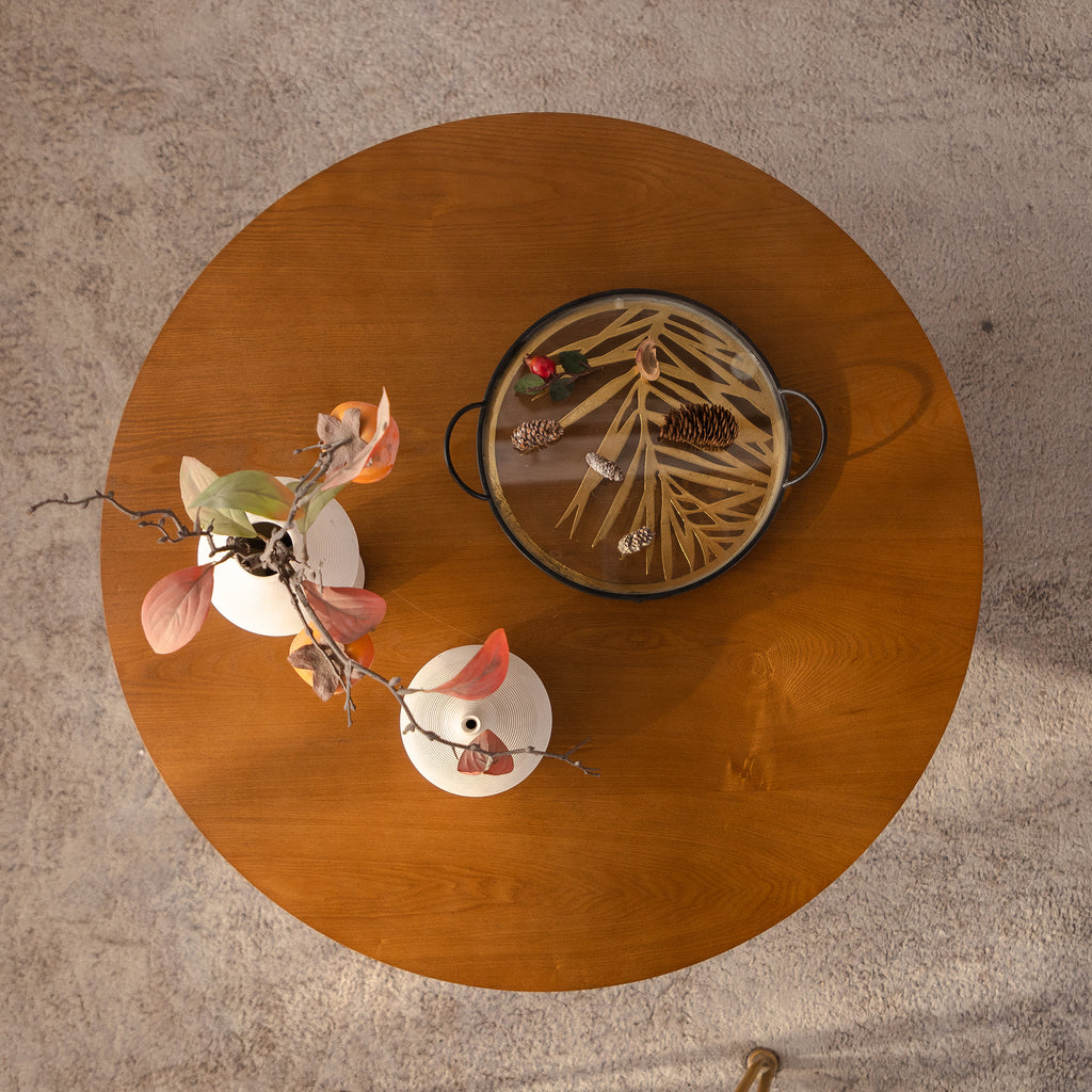 31.5" Round Wood Coffee Table with 3 Teddy Fabric Nesting Stools