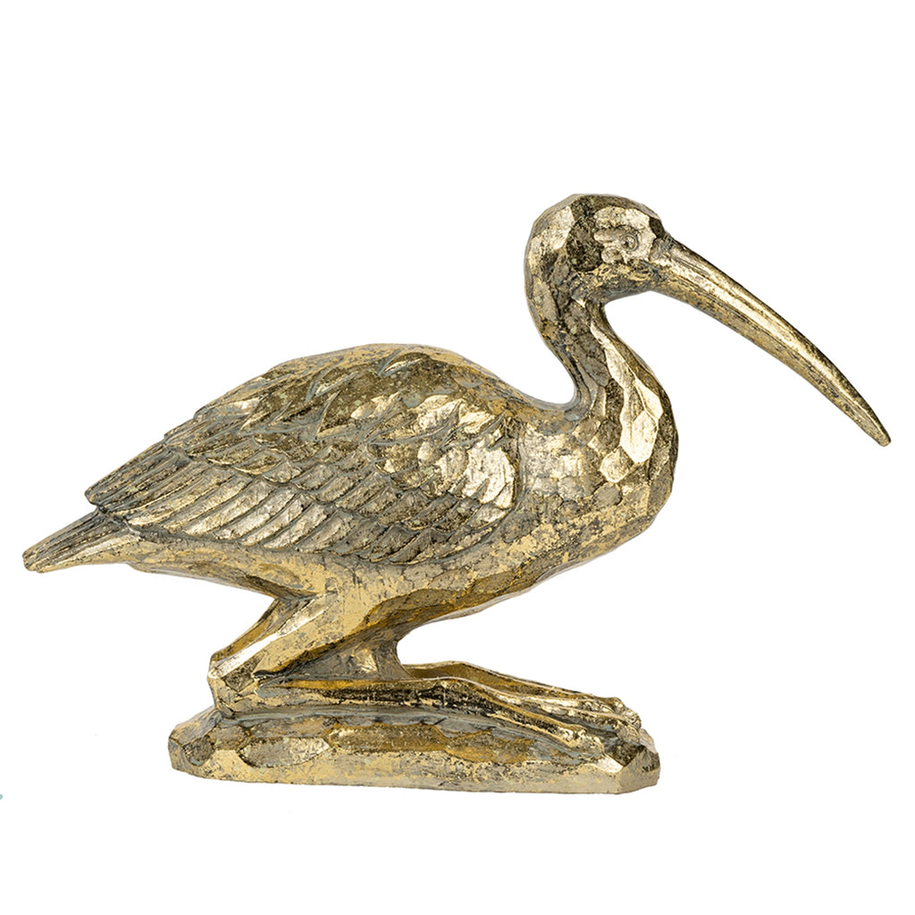 Kneeling Crane Figurine, 7.1 x 10.4 inches, Antique Gold Resin