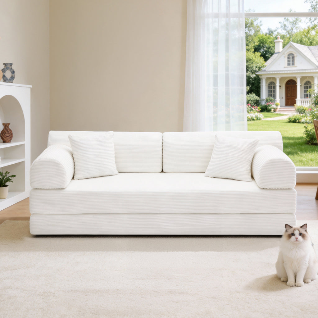 Convertible Sleeper Sofa Bed in Beige Corduroy