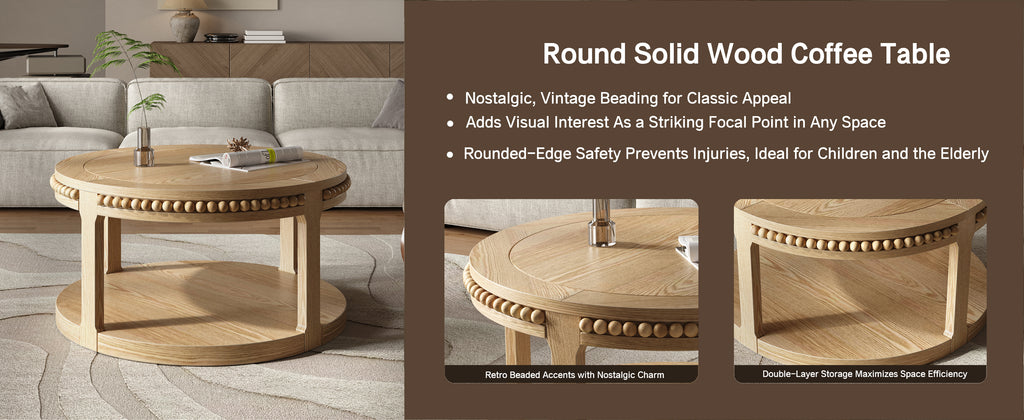 Round Solid Wood Coffee Table, 31.5 Inch, Two-Tier, Natural Wood