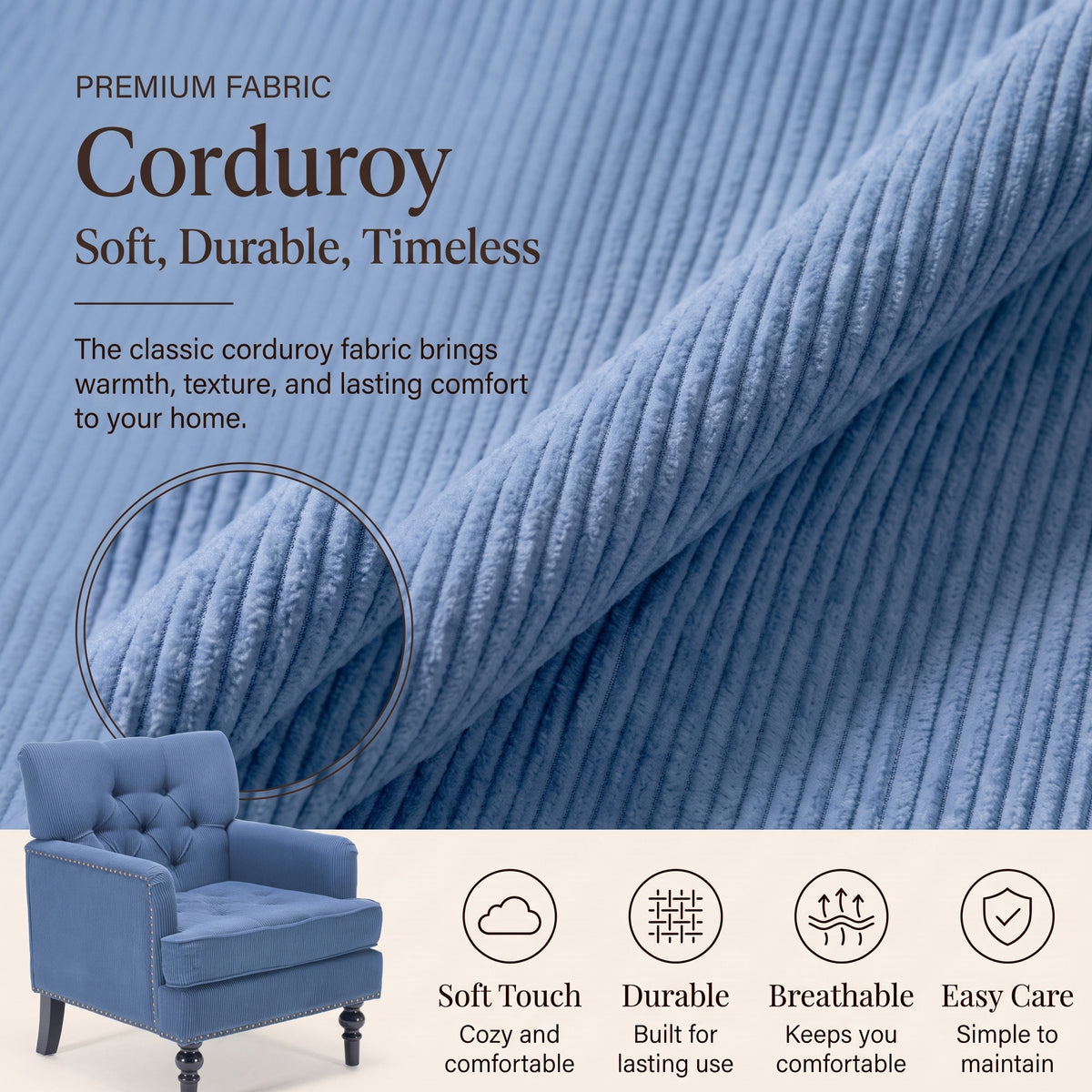 Modern Accent Chair, 30-Inch, Corduroy, Blue