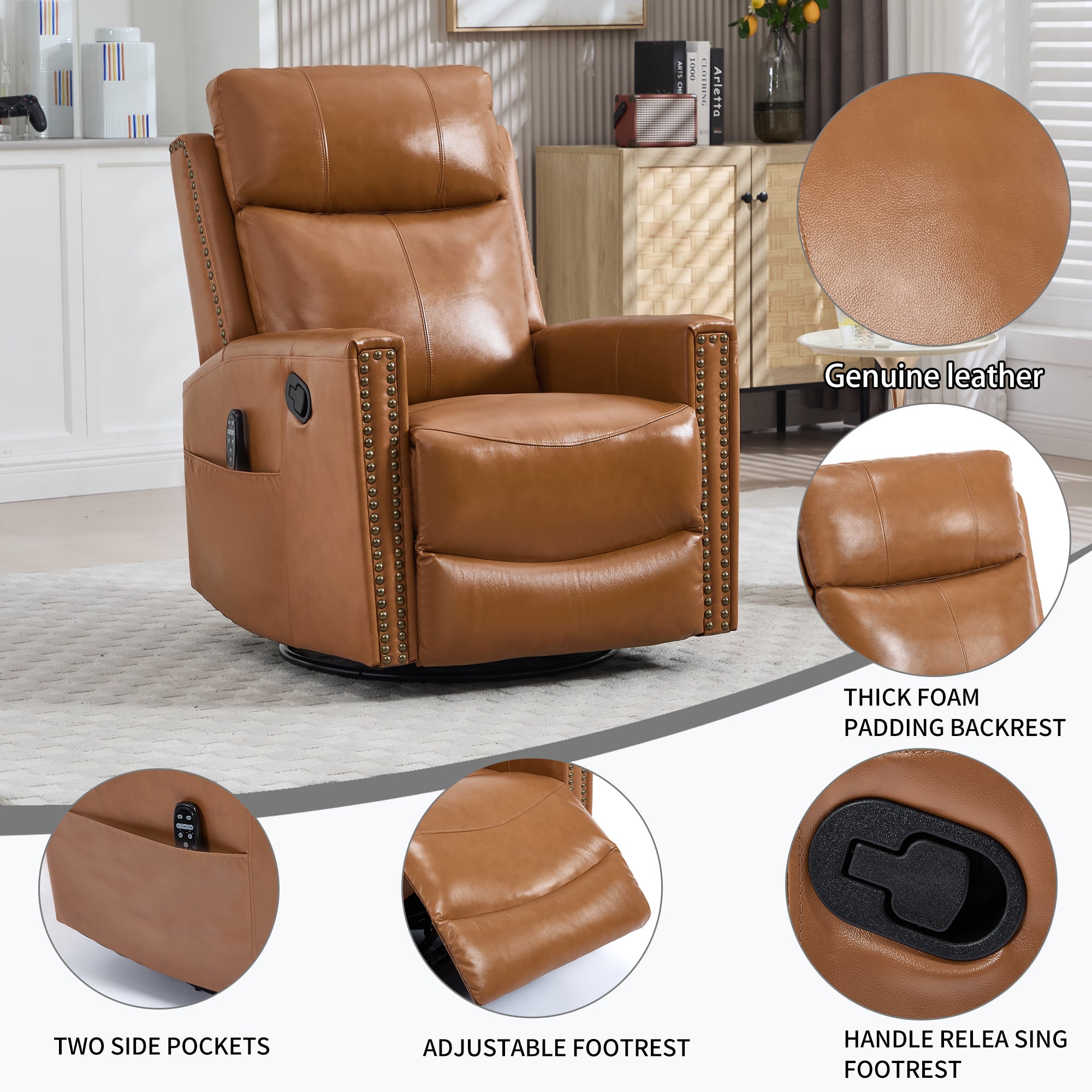 Genuine Leather Heat Massage Manual Recliner Chair