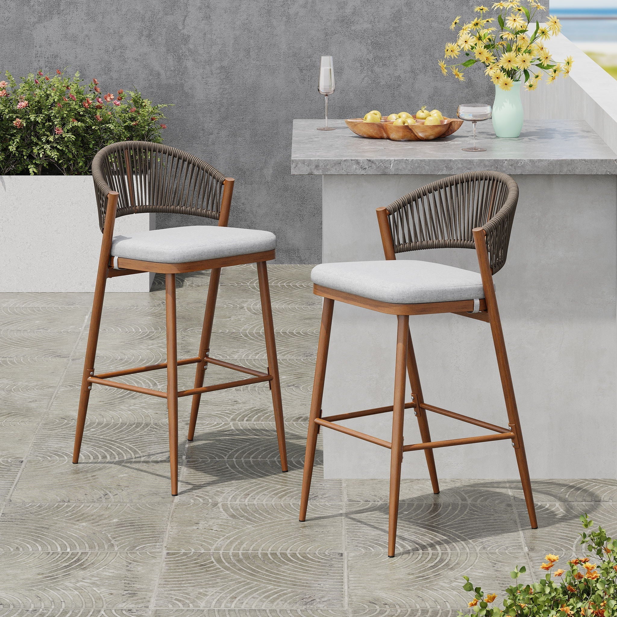 Outdoor Bar Height Metal Frame Counter Stools with Scallop-Shaped Backrest & Water-Resistant Cushions