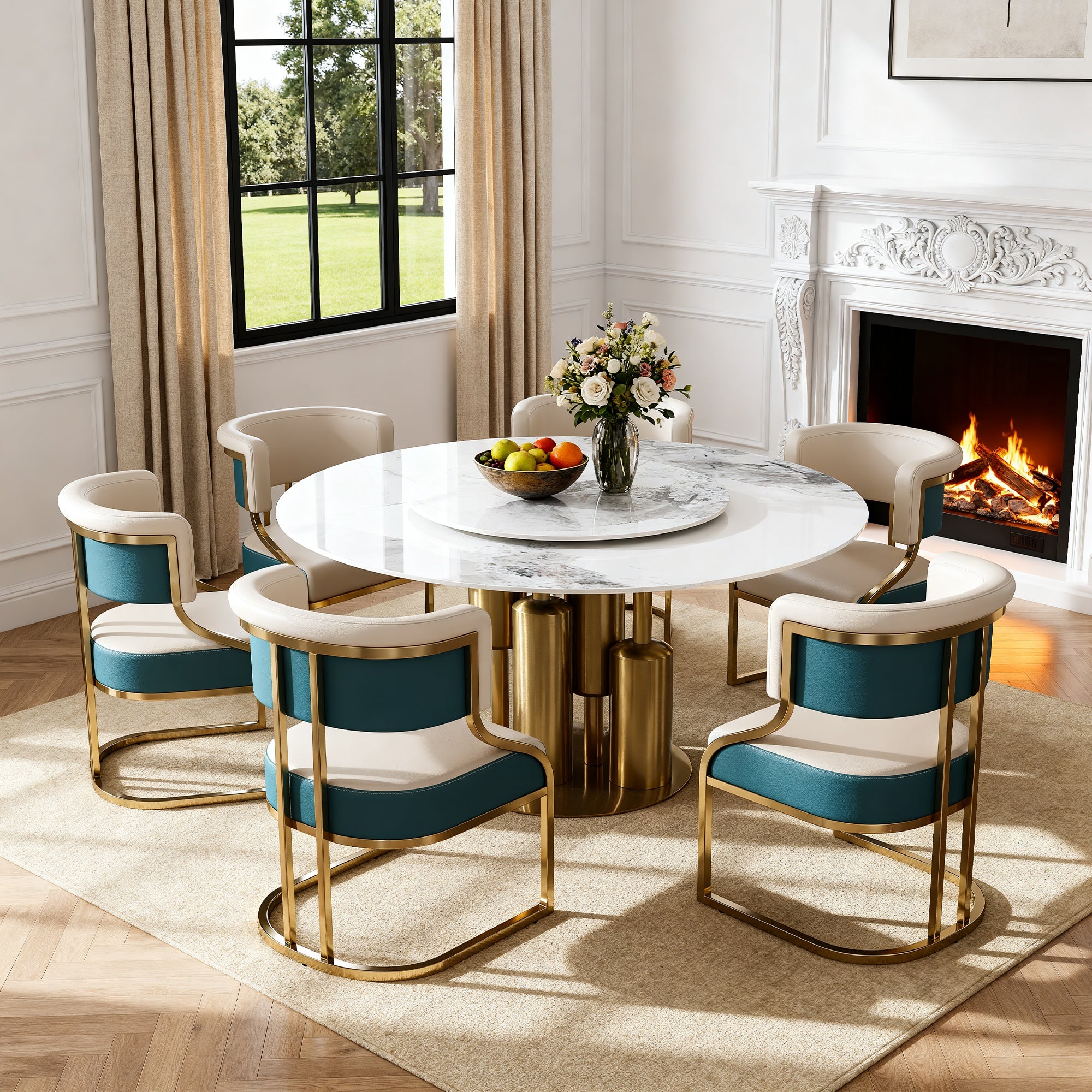 59" Round Sintered Stone Dining Table Set with Lazy Susan