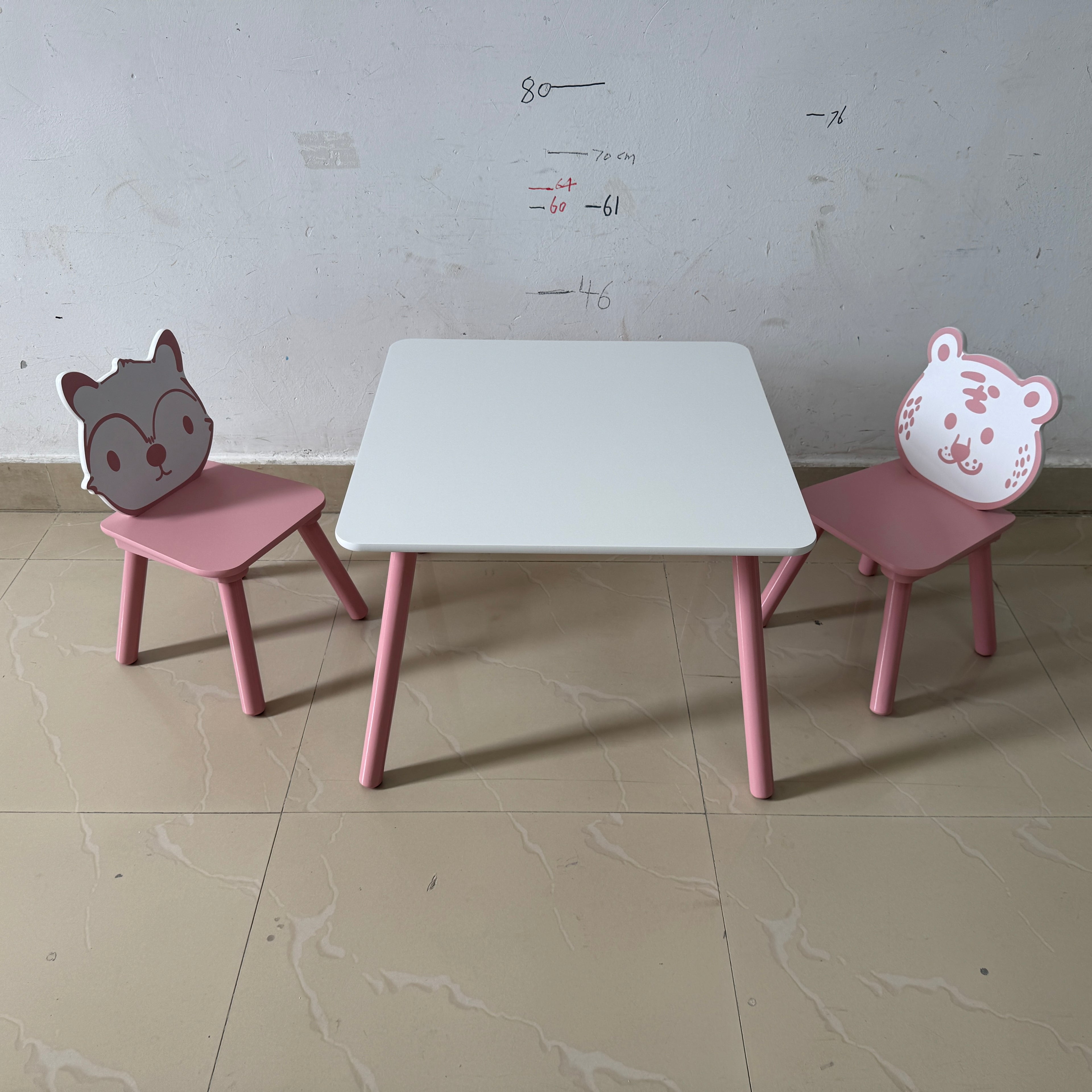 Kids Table and Chair Set, 3-Piece Wooden Toddler Desk with Animal Backrest