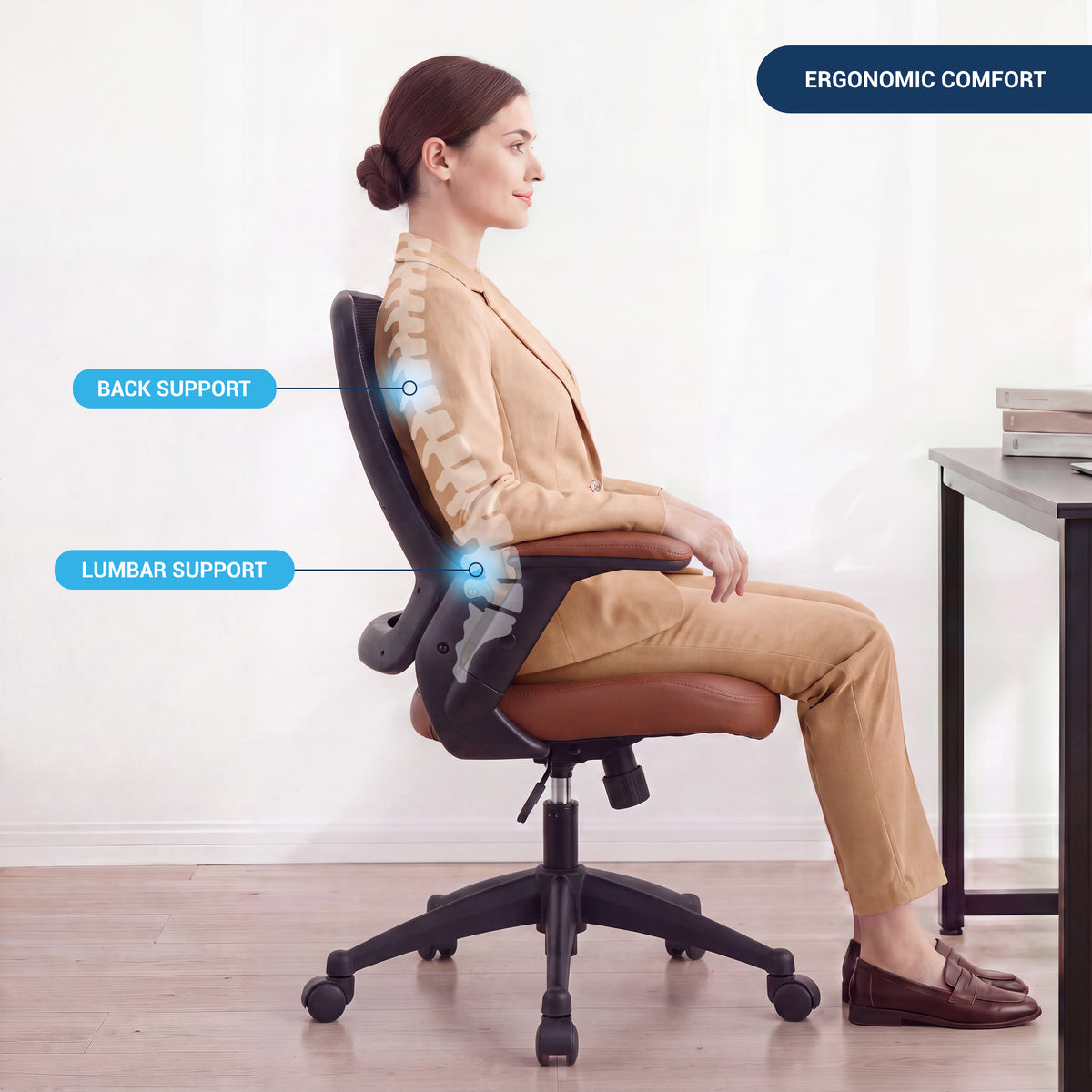 Techni Mobili Mid-Back Mesh Task Office Chair, Brown, Height Adjustable Arms