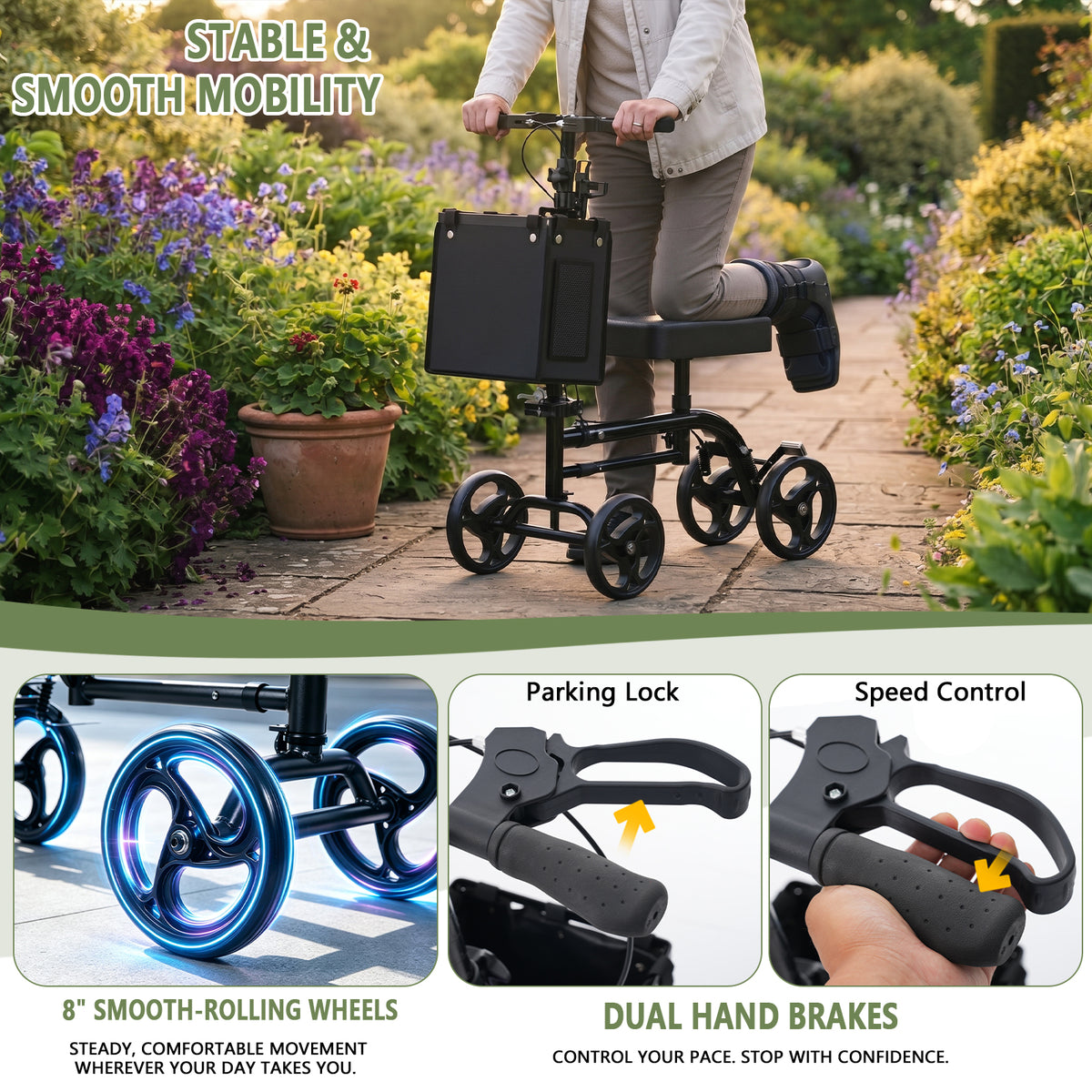 Knee Scooter for Adults with 8-Inch Wheels, Dual Brakes, Adjustable Handlebar, Black