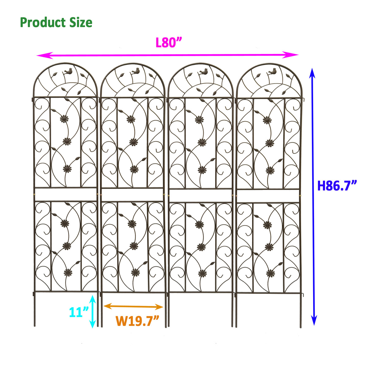 4-Pack Metal Garden Trellis, 86.7 x 19.7 Inches, Rustproof Iron, Brown