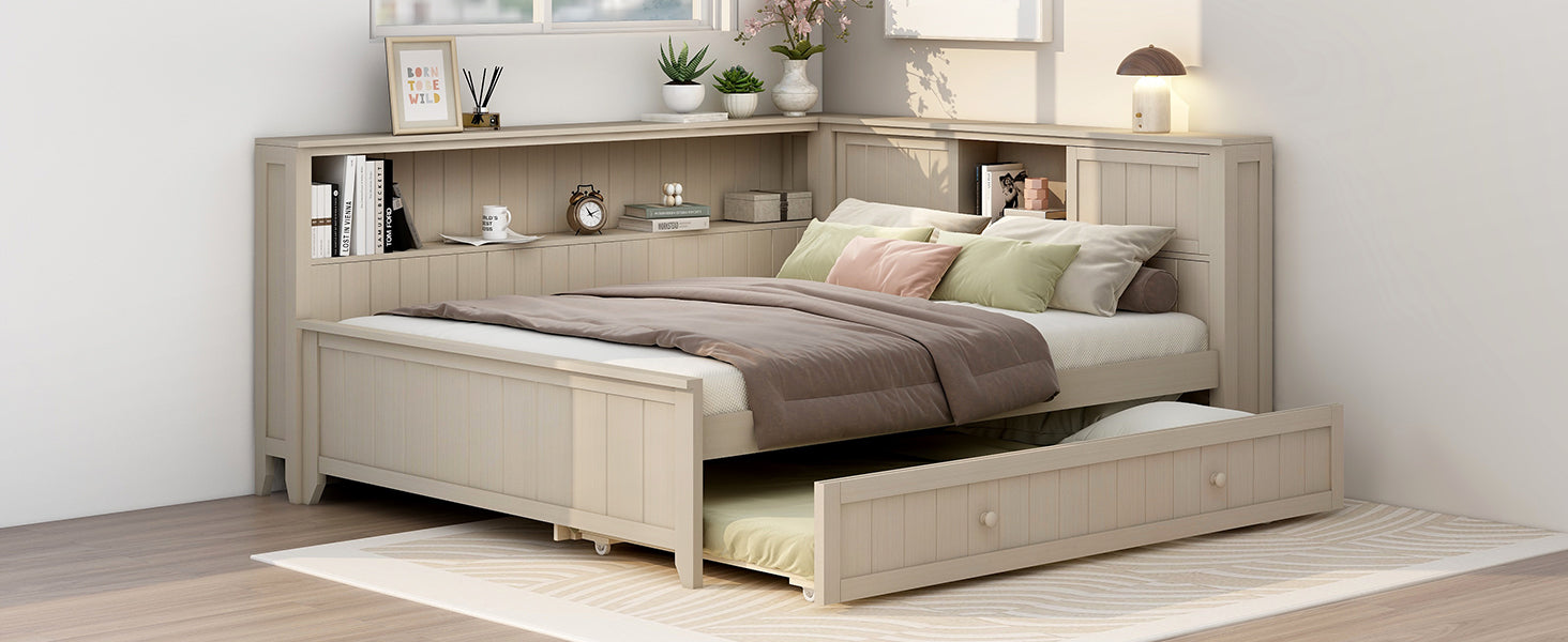 Full Size Wood Daybed with Storage Shelves and Trundle