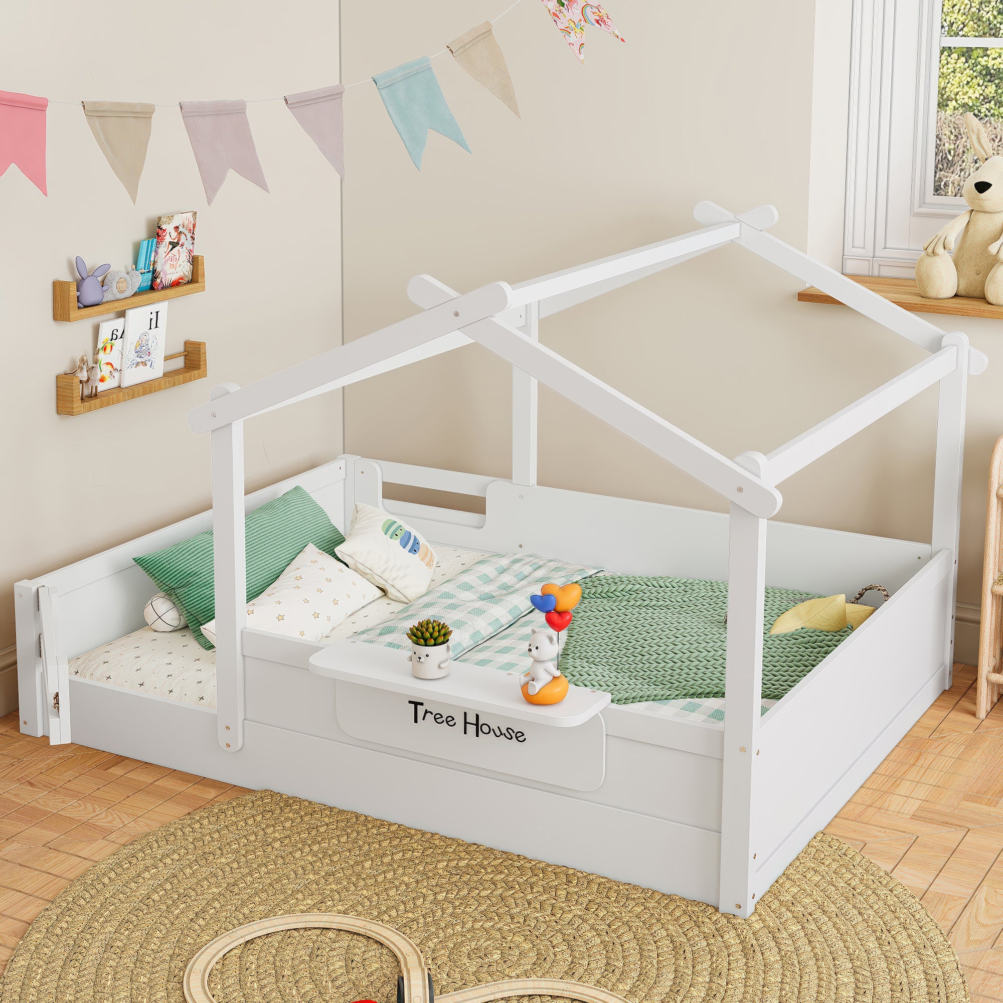 Full Size Floor Bed with Guardrails and Roof for Kids