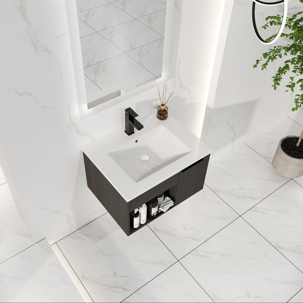 24" Wall-Mounted Floating Bathroom Vanity with Ceramic Sink