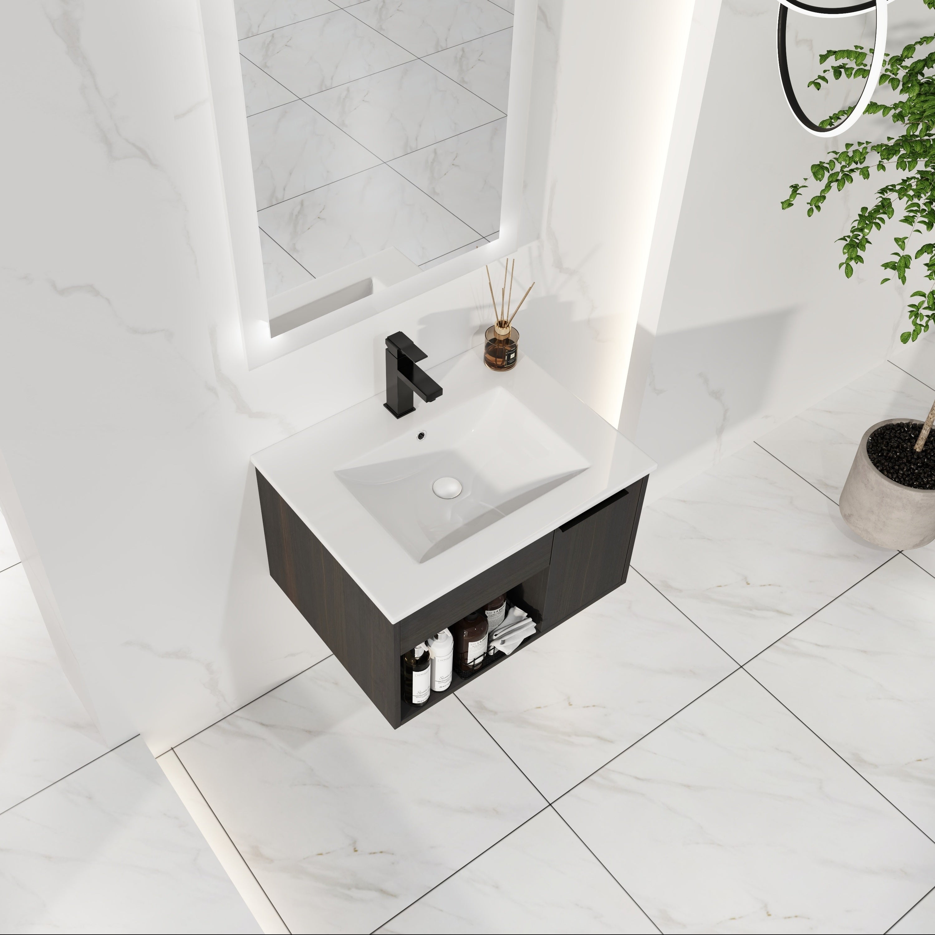 24" Wall-Mounted Floating Bathroom Vanity with Ceramic Sink