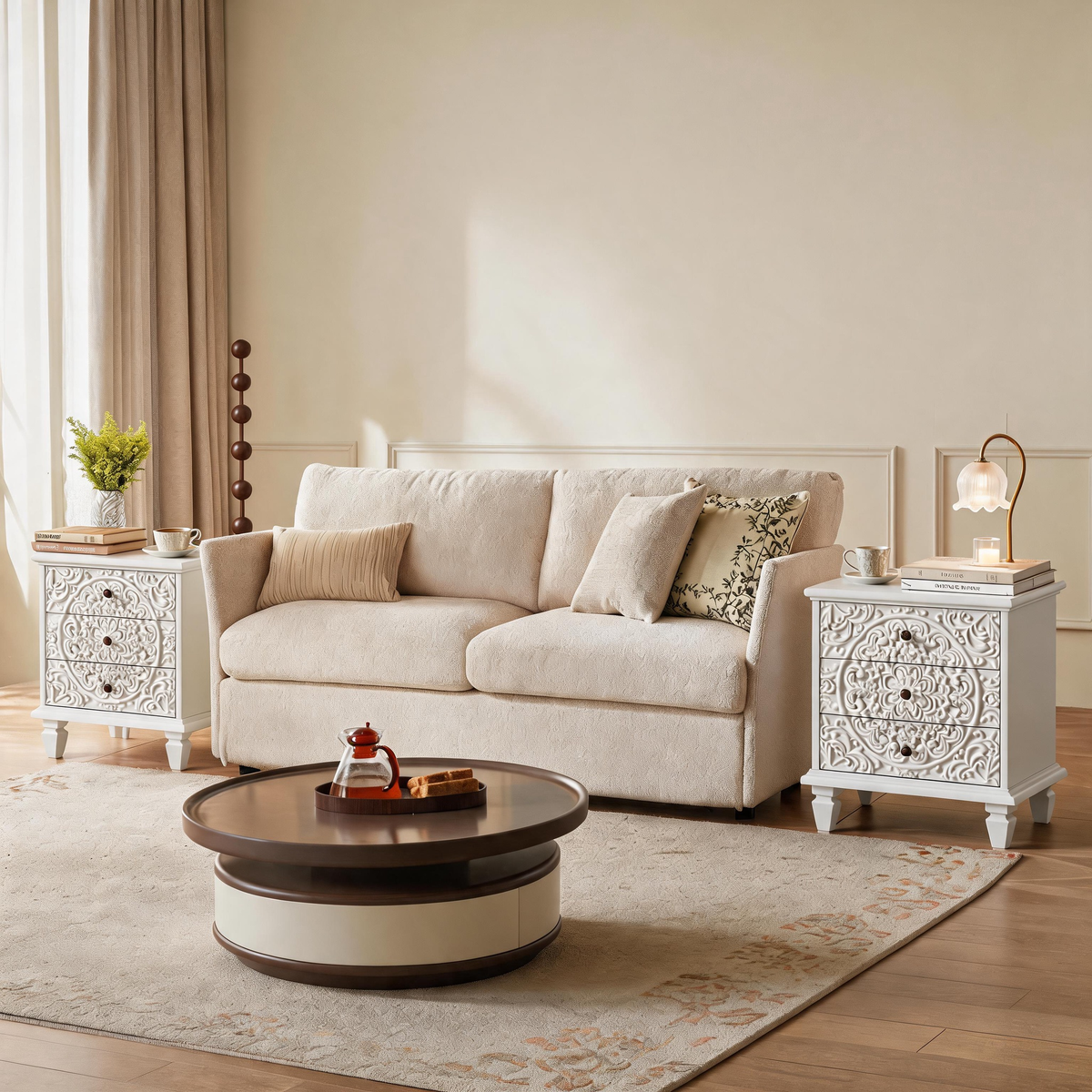 Carved Wood Nightstand with 3 Drawers, White Farmhouse Style