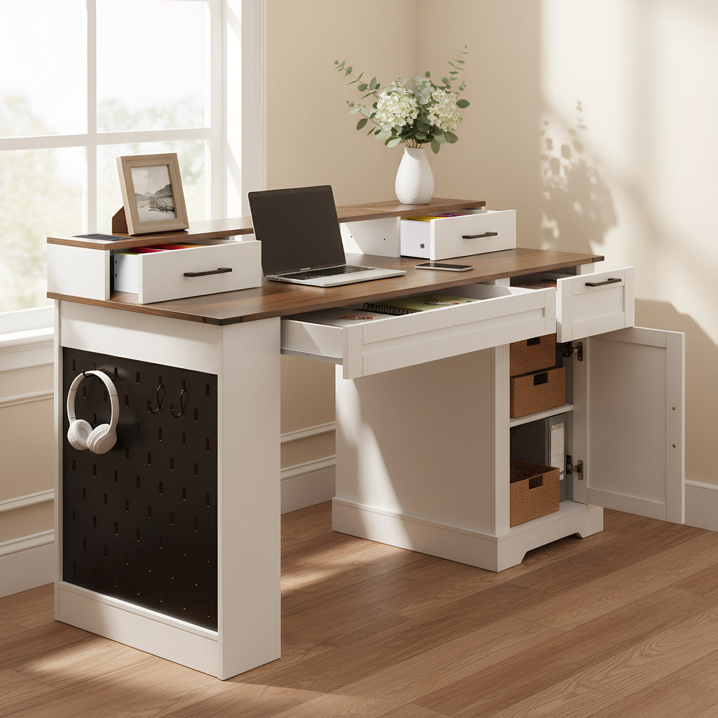 55" Farmhouse Office Desk with Storage Cabinet
