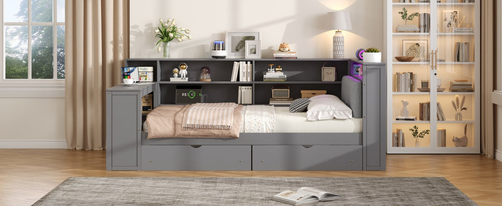 Wood Full Size Platform Bed with Storage Shelves and Charging Station