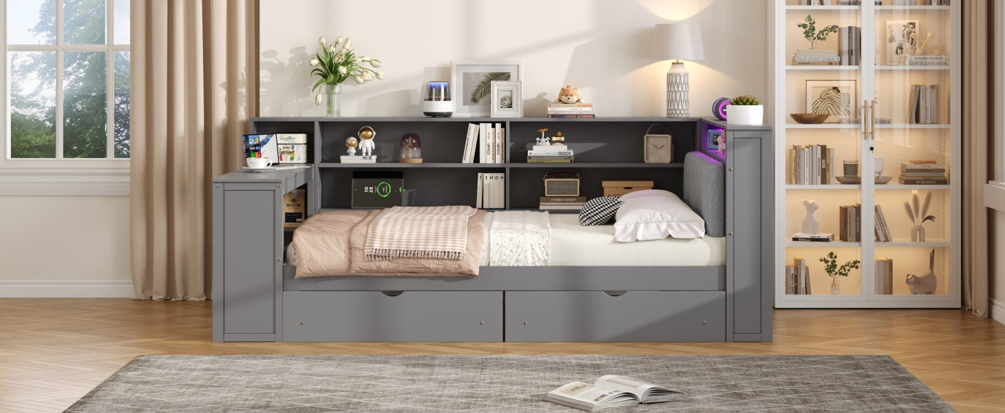 Wood Full Size Platform Bed with Storage Shelves and Charging Station