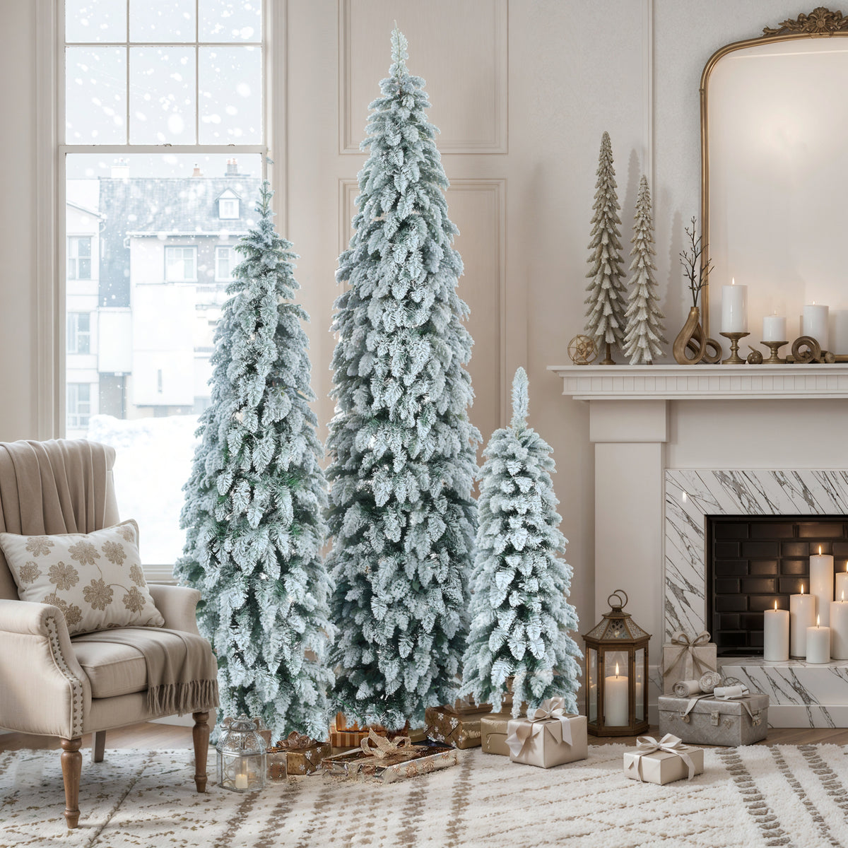 Pre-Lit Pencil Christmas Tree 3-Set, 4FT 6FT 8FT, Snow-Flocked, 290 LED Lights, 11 Modes