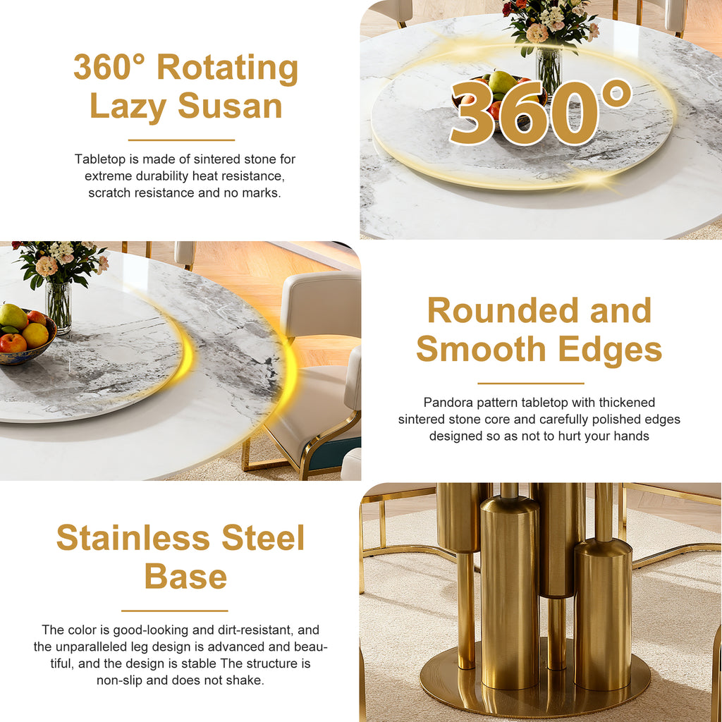 59" Round Sintered Stone Dining Table Set with Lazy Susan