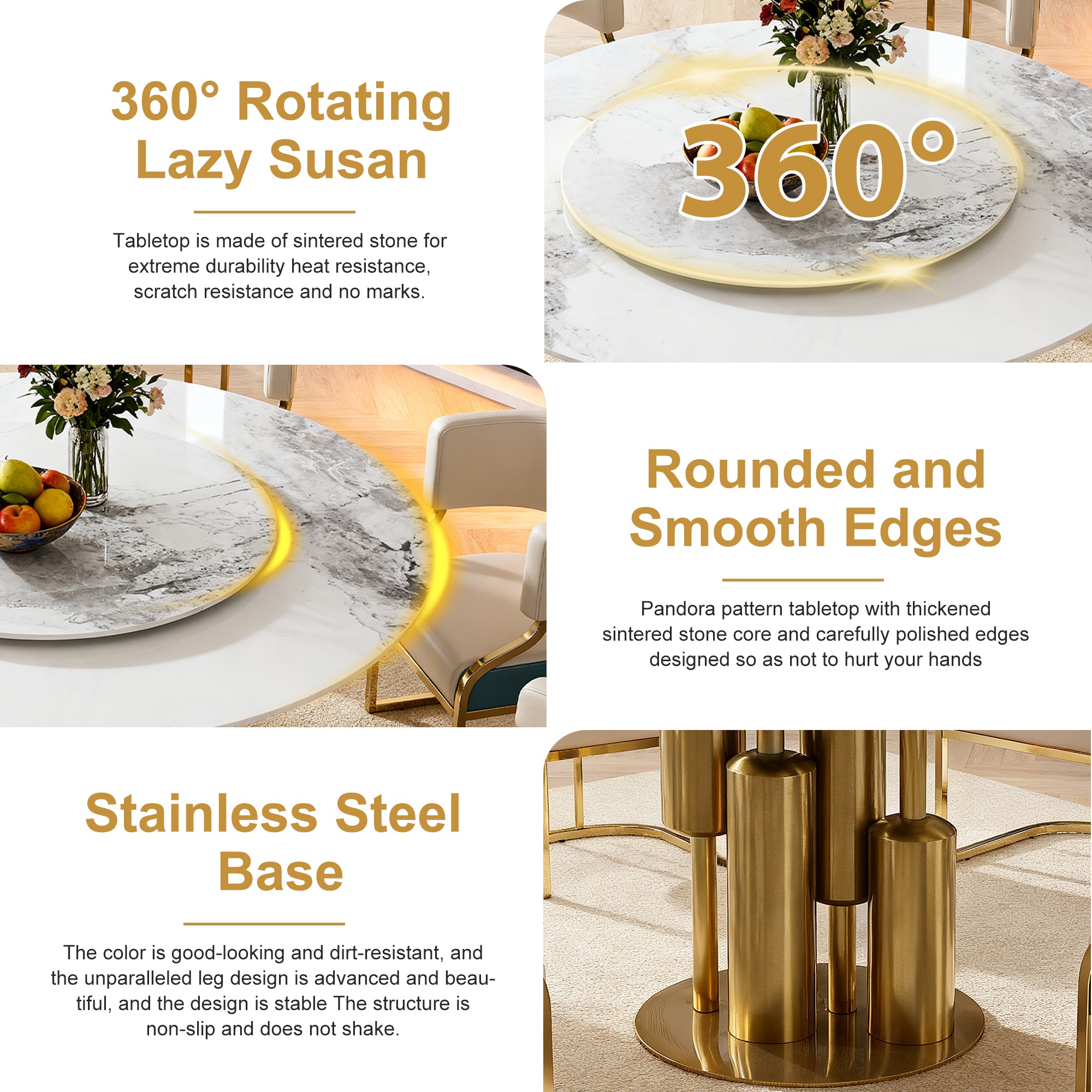 59" Round Sintered Stone Dining Table Set with Lazy Susan