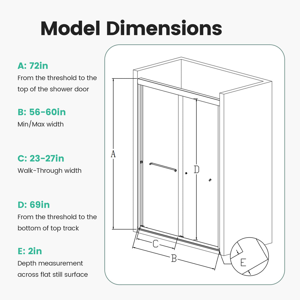 56"-60"W*72" H Semi-Frameless Double Sliding Shower Door