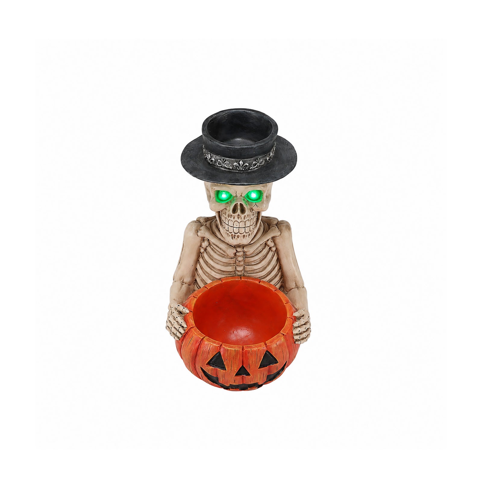 Halloween Skeleton Figurine with Pumpkin Candy Bowl & Candle Holder