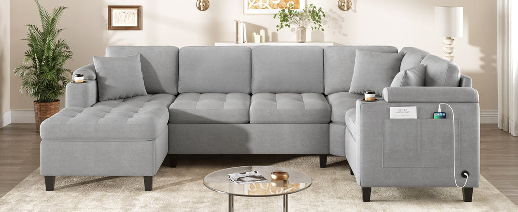 Modern U-Shaped Sectional Sofa with Cup Holders and USB Ports