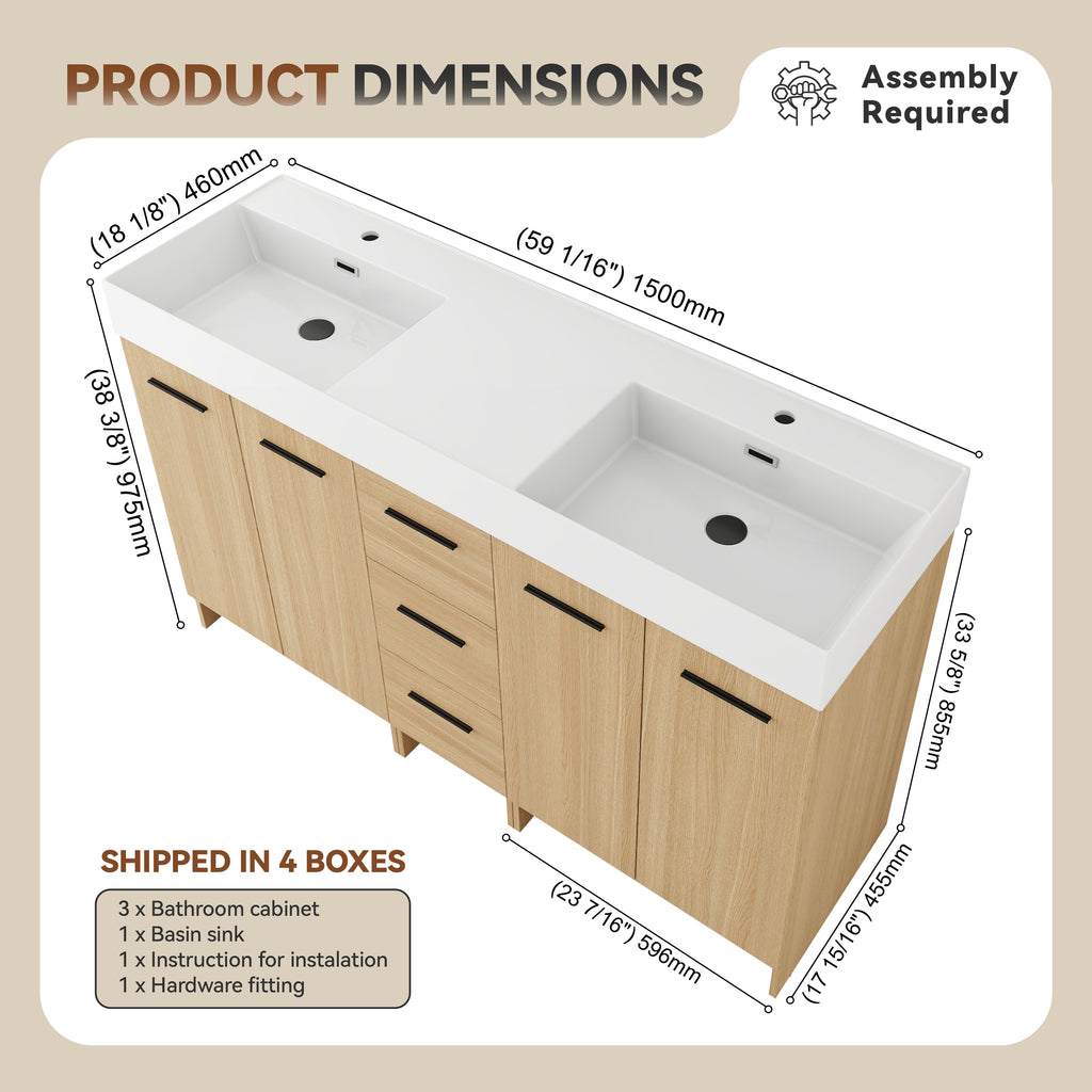 60" Double Sink Bathroom Vanity with 3 Drawers and Integrated Resin Sink