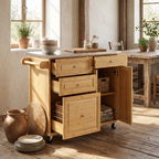 Indoor Bamboo Rolling Kitchen Island with Stainless Steel Top