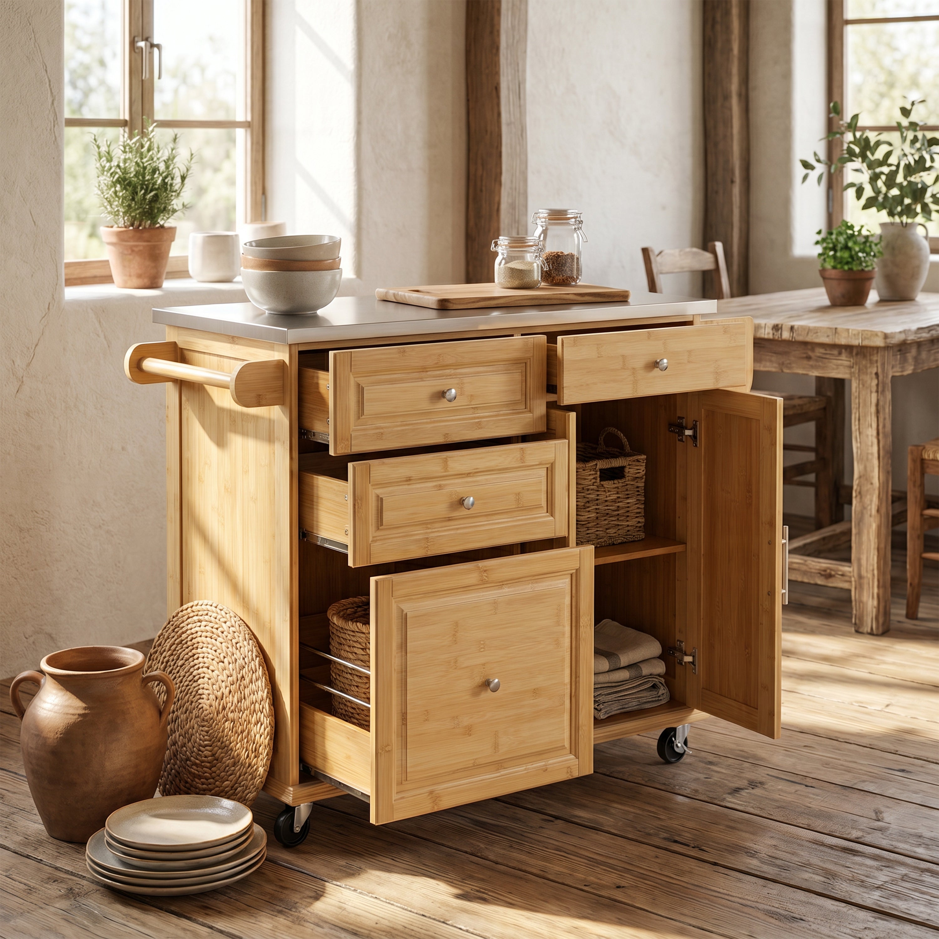 Indoor Bamboo Rolling Kitchen Island with Stainless Steel Top