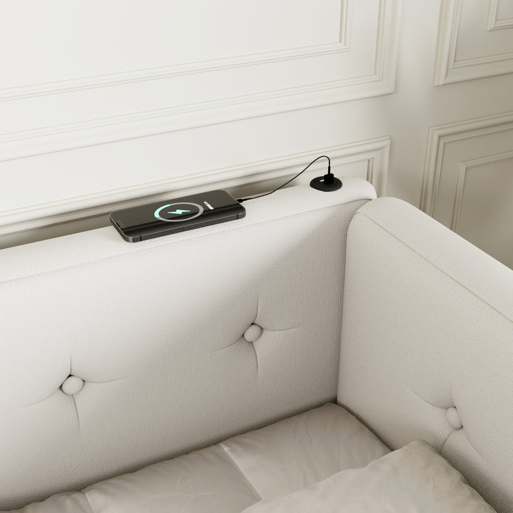 Upholstered Queen Size Platform Bed with USB Ports