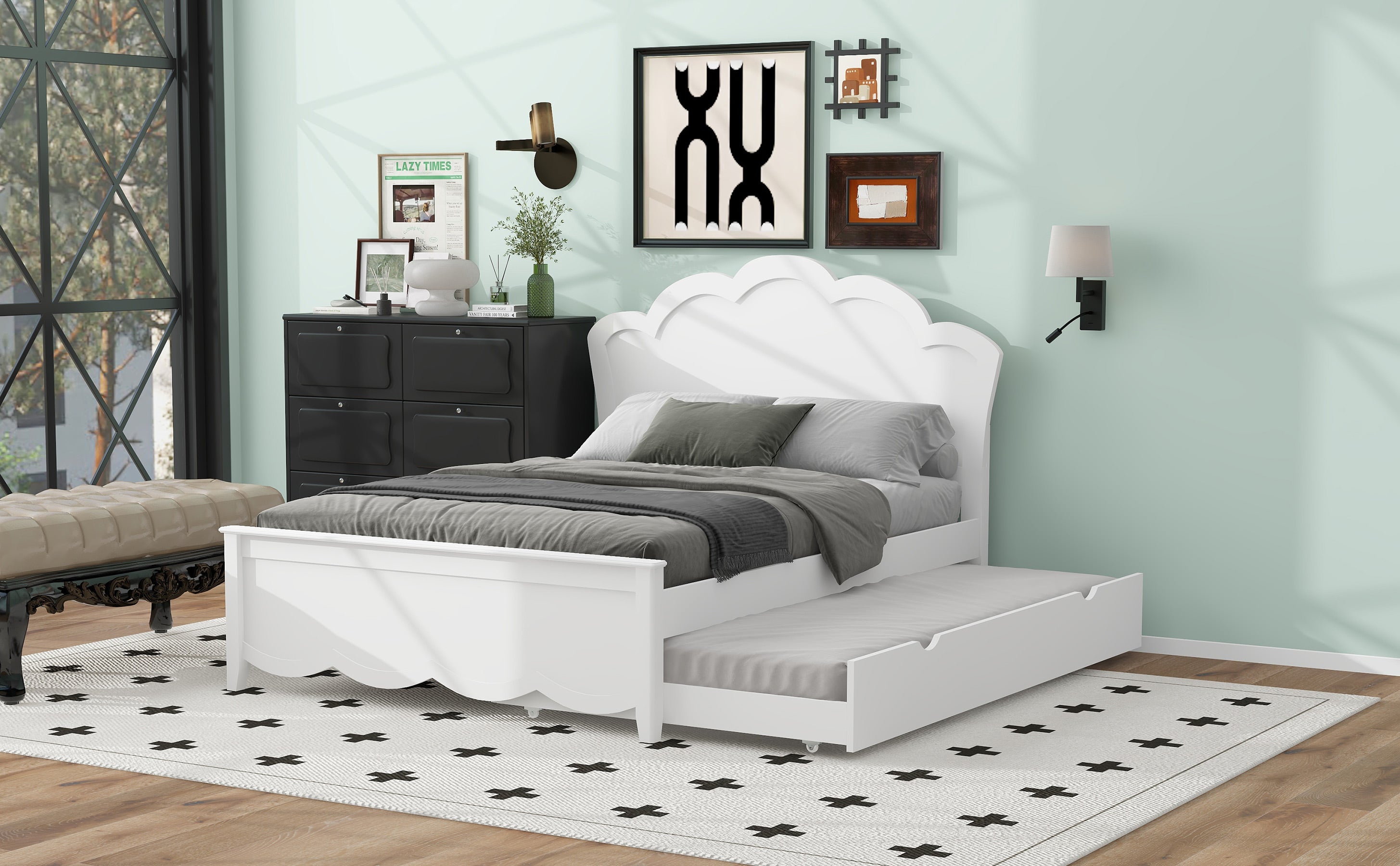 Full Size Wood Platform Bed with Headboard and Twin Size Trundle