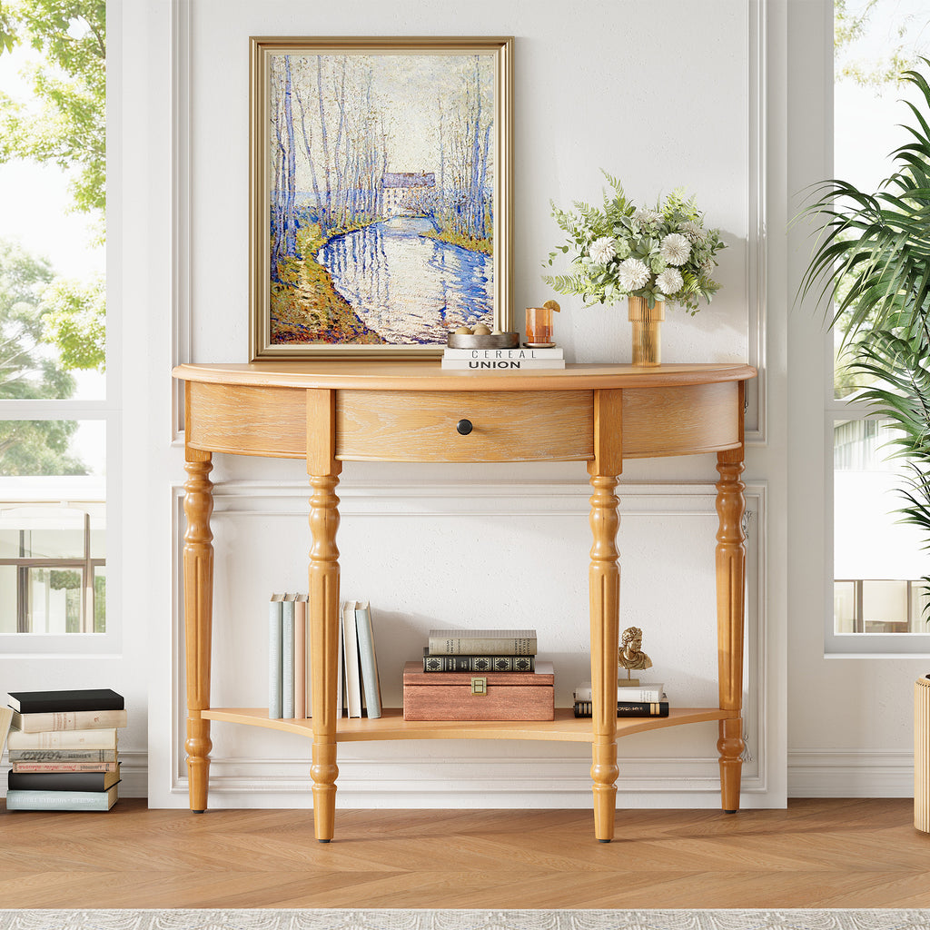 TREXM Farmhouse Half Moon Console Table with Drawer & Shelf - Rustic Accent Table